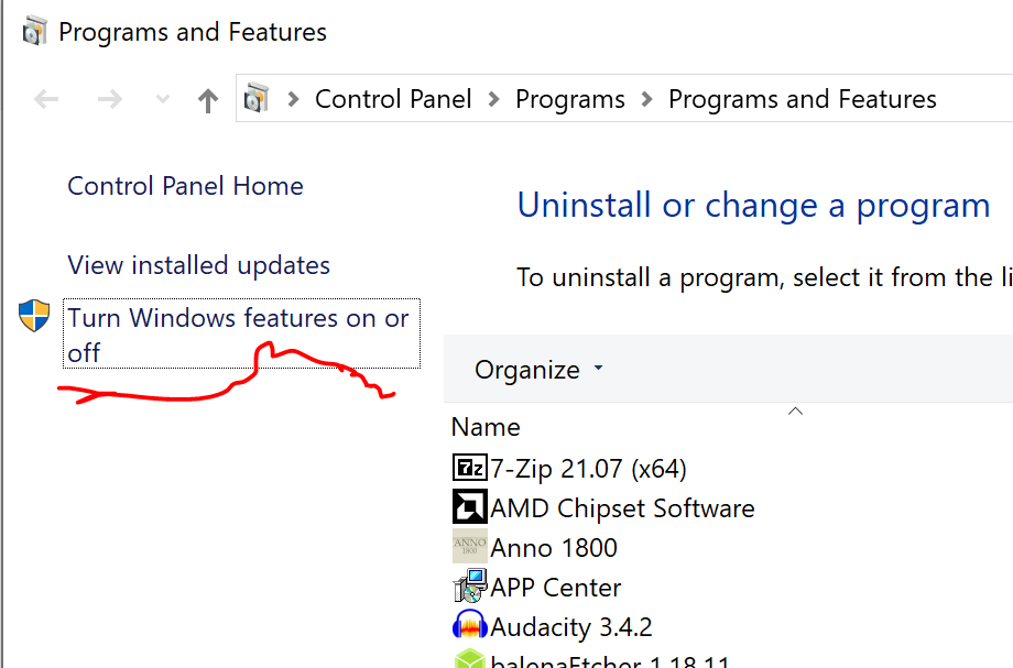 Programs and Features screenshot